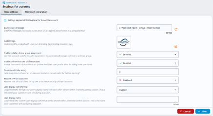 247connect account settings page showing options for blank screen message, custom logo, device group assignment, self-service profile updates, invite expiry, 2FA for local users and user display name settings, with Save and Cancel buttons at the bottom.